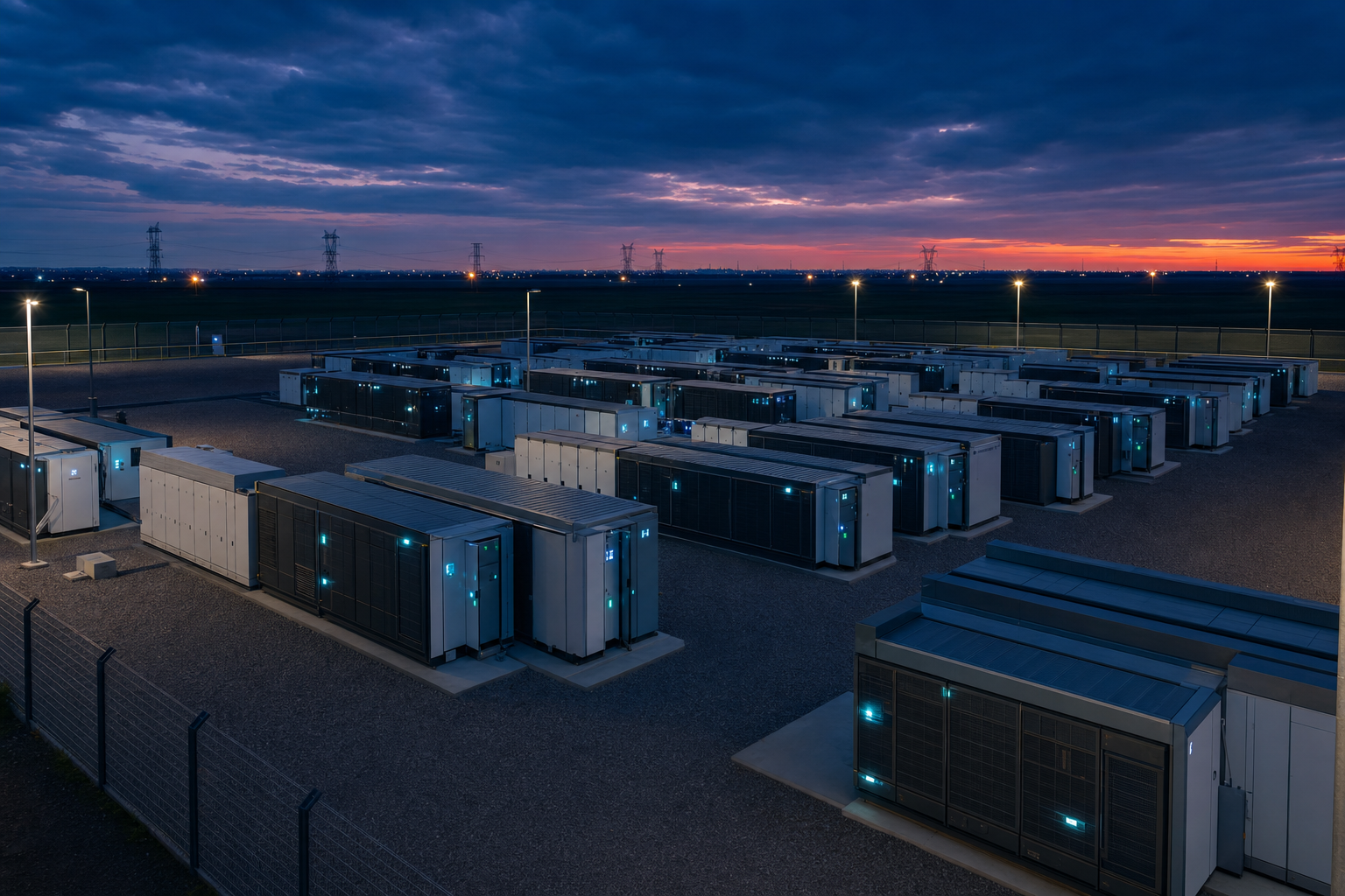 Utility-scale battery storage facility at blue hour